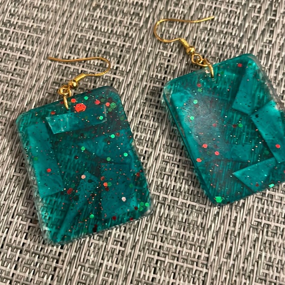 XMAS Handmade Festive Medium Holiday Earrings Green Rectangle - Picture 3 of 10